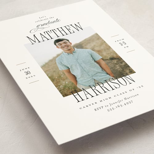 This is a tuxedo graduation invitations with standard by Pink House Press called posh party printing on signature in postcard