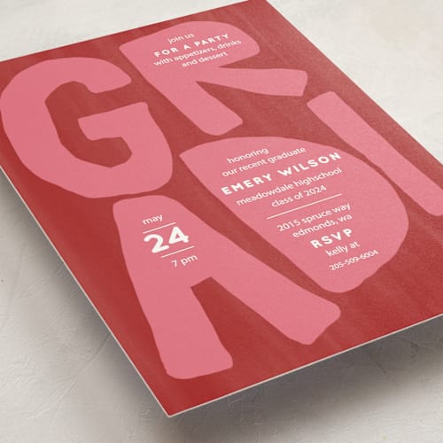 This is a ruby graduation invitations with standard by Erin Kessler called grad! printing on signature in postcard
