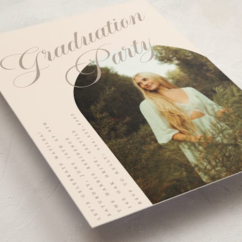 This is a almond graduation invitations with standard by Morgan Kendall called modern curves printing on signature in postcard