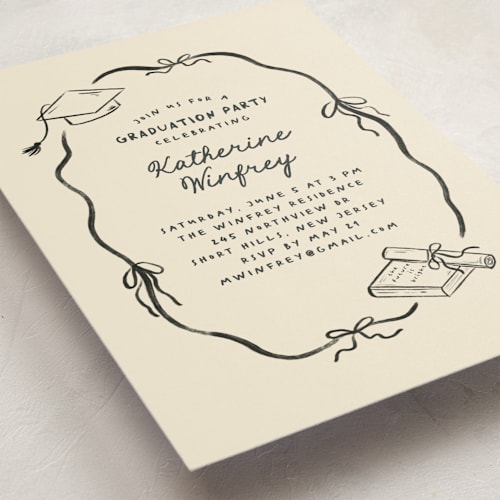 This is a noir graduation invitations with standard by Creo Study called trendsetter printing on signature in postcard