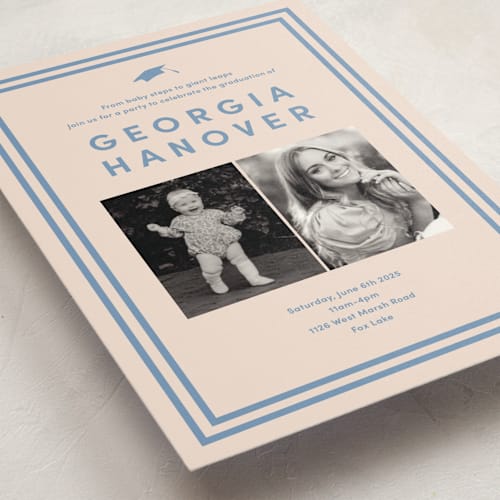 This is a country blue graduation invitations with standard by Inkblot Design called classically done printing on signature in postcard
