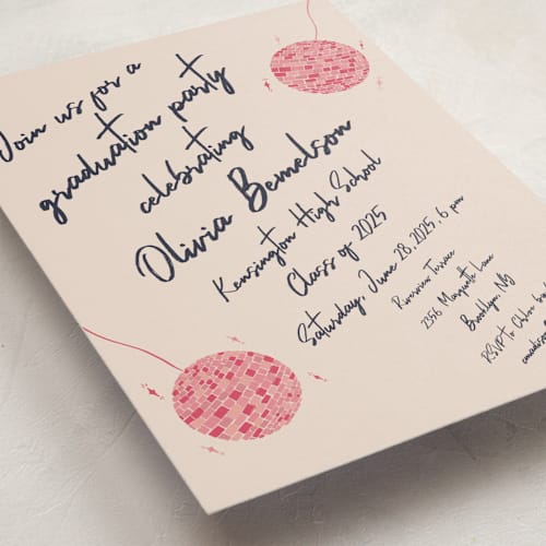 This is a fuchsia graduation invitations with standard by Sarah Rosenthal called sparkle and rhythm celebration printing on signature in postcard