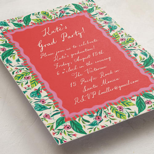 This is a peony graduation invitations with standard by Jackie Crawford called whimsical hand illustrated crest printing on signature in postcard