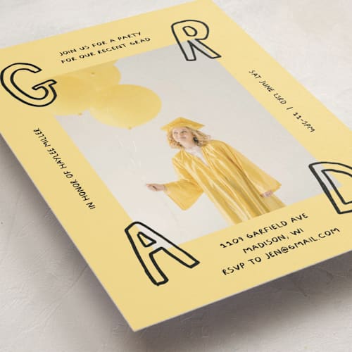 This is a butter graduation invitations with standard by Inkblot Design called outlined printing on signature in postcard