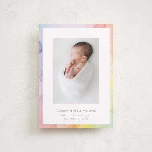 This is a sherbert petite birth announcements with standard by Kaydi Bishop called rainbow surround printing on recycled smooth signature in petite