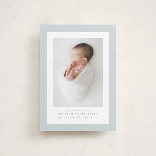 This is a powder petite birth announcements with standard by Lea Delaveris called linen frame printing on smooth signature in petite