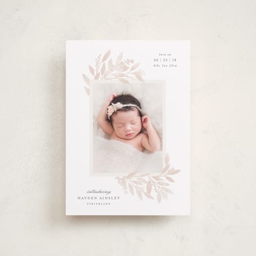 This is a blush petite birth announcements with standard by Hooray Creative called botanical corners printing on recycled smooth signature in petite