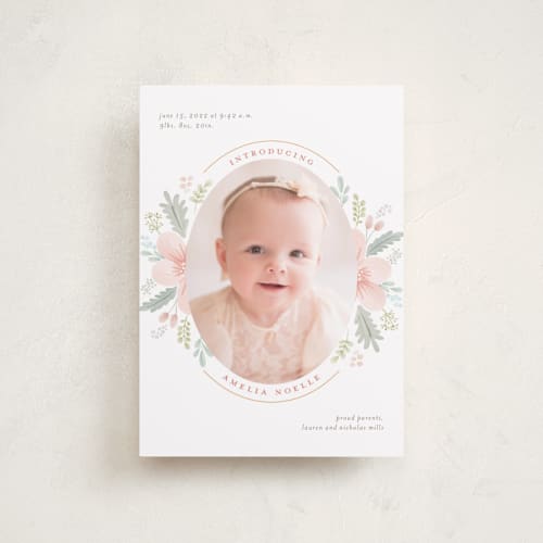 This is a blush petite birth announcements with standard by Nicole Barreto called darling posy printing on recycled smooth signature in petite
