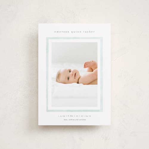 This is a mint petite birth announcements with standard by Lauren Chism called golightly printing on recycled smooth signature in petite