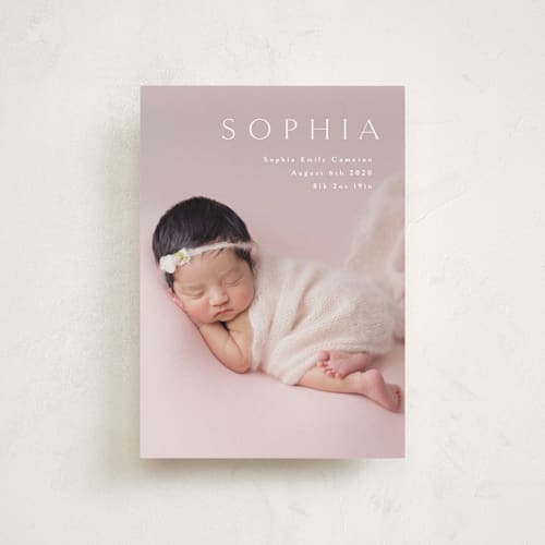 This is a white petite birth announcements with standard by Phrosné Barwood called angel printing on recycled smooth signature in petite