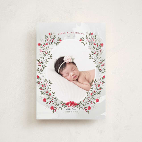 This is a holiday petite birth announcements with standard by Susan Moyal called sweet floral vine printing on recycled smooth signature in petite