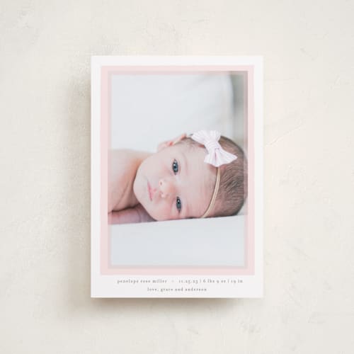 This is a blush petite birth announcements with standard by Lauren Chism called cotton candy printing on recycled smooth signature in petite