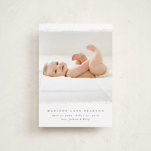 This is a dove petite birth announcements with standard by Amy Payne called deckled edge printing on recycled smooth signature in petite