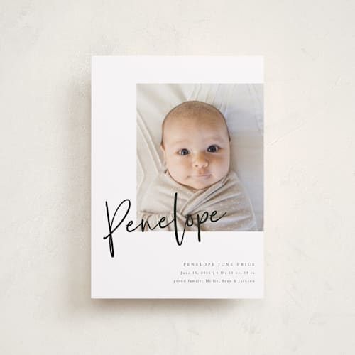 This is a blackboard petite birth announcements with standard by Amy Payne called clean lines printing on recycled smooth signature in petite