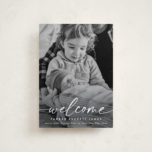 This is a cloud petite birth announcements with standard by Susan Asbill called little welcome printing on recycled smooth signature in petite