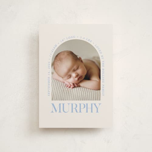 This is a bluebird day petite birth announcements with standard by Baumbirdy called type arch printing on recycled smooth signature in petite