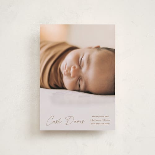 This is a rust petite birth announcements with standard by Stacey Meacham called swaddle printing on smooth signature in petite