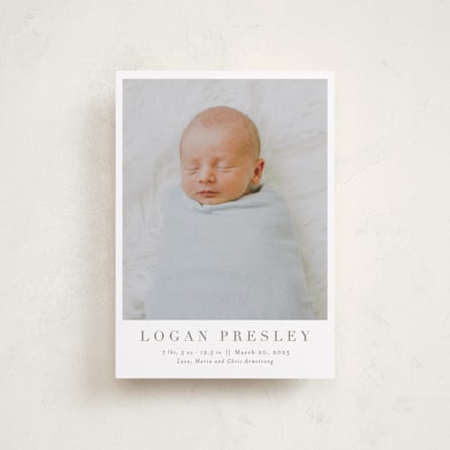 This is a fawn petite birth announcements with standard by Megan Davis called menil printing on smooth signature in petite