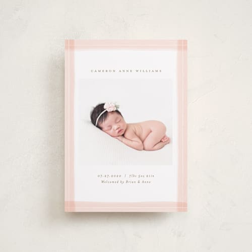 This is a blush petite birth announcements with standard by Michelle Taylor called trimmings printing on recycled smooth signature in petite