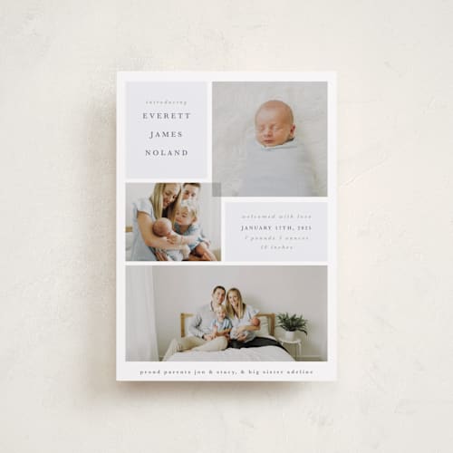 This is a dusty blue petite birth announcements with standard by Julie Murray called love multiplies printing on recycled smooth signature in petite