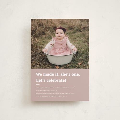 This is a blush petite kids birthday invitations with standard by Adelyn T. called made it printing on recycled smooth signature in petite