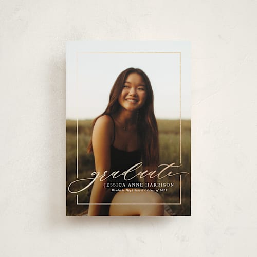 This is a ivory graduation announcements with foil pressed by Yaling Hou Suzuki called break boundaries printing on recycled smooth signature in petite