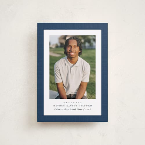 This is a jeans graduation announcements with standard by Lea Delaveris called linen frame printing on recycled smooth signature in petite