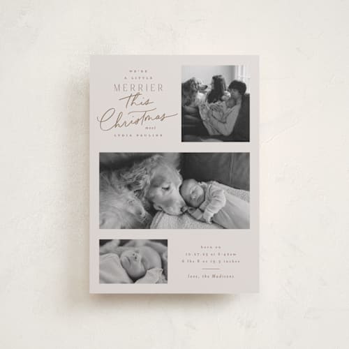 This is a toffee babys first christmas with standard by Everett Paper Goods called merrier this year printing on recycled smooth signature in petite