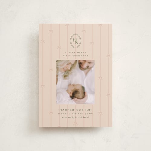 This is a blush babys first christmas with standard by Ellen Schlegelmilch called first christmas monogram printing on recycled smooth signature in petite