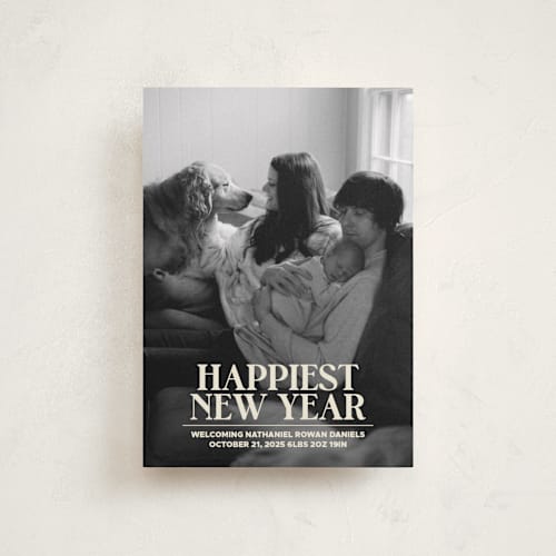 This is a champagne babys first christmas with standard by Jenna Holcomb called news printing on recycled smooth signature in petite