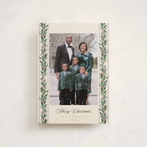 This is a eggnog petite holiday cards with standard by Rebecca Durflinger called evergreen garlands printing on recycled smooth signature in petite