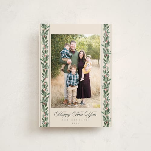 This is a eggnog petite holiday cards with standard by Rebecca Durflinger called evergreen garlands printing on recycled smooth signature in petite