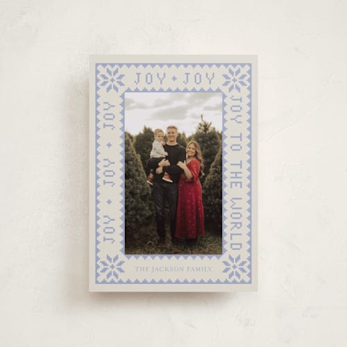 This is a periwinkle petite holiday cards with standard by Annie Chan called endless joy printing on recycled smooth signature in petite