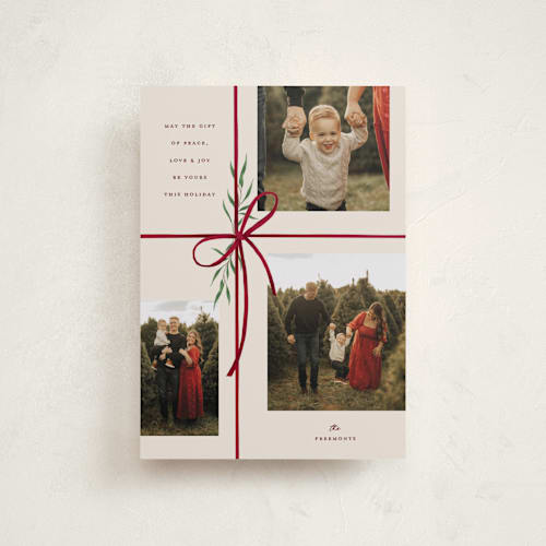 This is a burgundy petite holiday cards with standard by Susan Zinader called holiday gifts printing on recycled smooth signature in petite