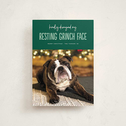 This is a noble fir petite holiday cards with standard by Erica Krystek called grinch face printing on recycled smooth signature in petite