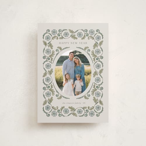 This is a cottage blue petite holiday cards with standard by Jen Owens called heritage wrap printing on recycled smooth signature in petite