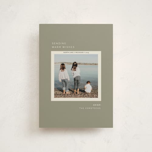 This is a sage petite holiday cards with standard by Sarah Brown called vacation snapshot printing on recycled smooth signature in petite