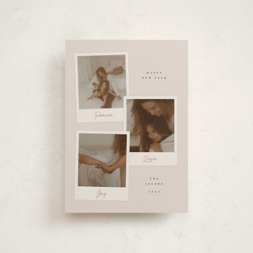 This is a cookie dough petite holiday cards with standard by Adelyn T. called snapshot trio printing on recycled smooth signature in petite