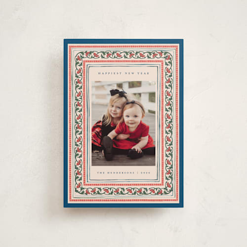 This is a blue jay petite holiday cards with standard by Teju Reval called festive block print printing on recycled smooth signature in petite