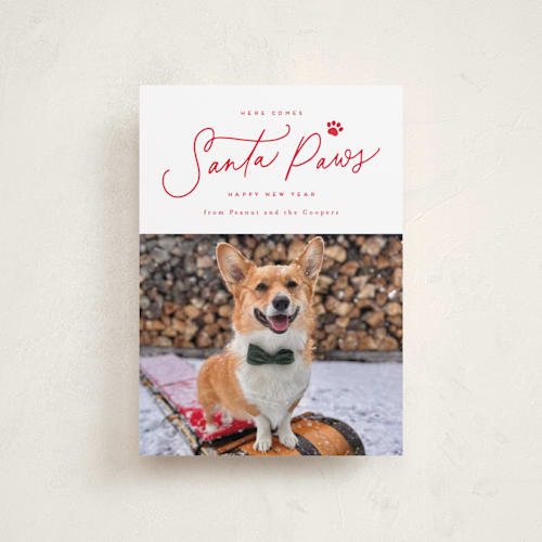 This is a cherry petite holiday cards with standard by Everett Paper Goods called here comes santa paws printing on recycled smooth signature in petite
