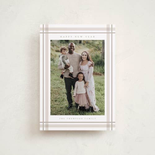 This is a tan petite holiday cards with standard by Ashley Presutti Beasley called traditional plaid printing on recycled smooth signature in petite