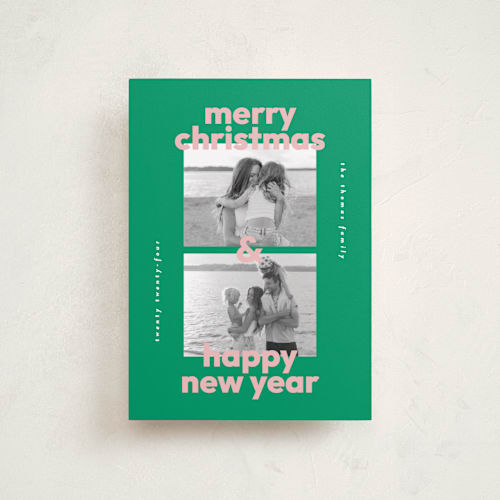 This is a holly petite holiday cards with standard by Lisa McLean called bold stack printing on recycled smooth signature in petite