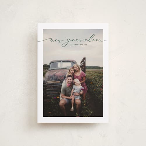 This is a juniper petite holiday cards with standard by Erica Krystek called happy script printing on recycled smooth signature in petite