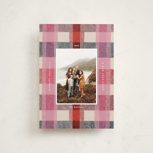 This is a cranberry petite holiday cards with standard by Carrie Moradi called cozy checked plaid printing on recycled smooth signature in petite