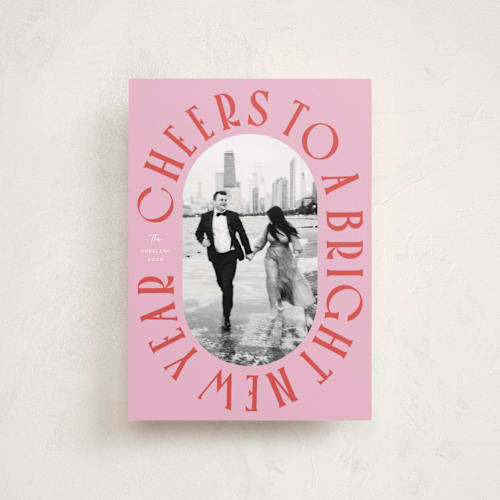 This is a peppermint petite holiday cards with standard by Erin German called cheers to a bright new year printing on recycled smooth signature in petite