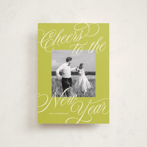 This is a lime petite holiday cards with standard by Jackie Crawford called all scripts printing on recycled smooth signature in petite