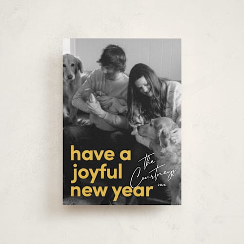 This is a goldenrod petite holiday cards with standard by Kacey Kendrick Wagner called bright message printing on recycled smooth signature in petite