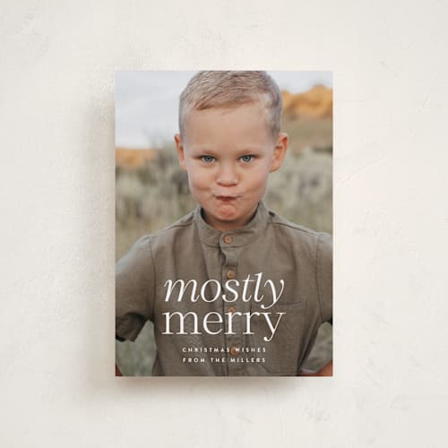 This is a vanilla petite holiday cards with standard by Ekko Studio called mostly merry printing on recycled smooth signature in petite