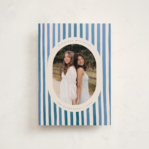 This is a blue jay petite holiday cards with standard by Teju Reval called vintage stripes printing on recycled smooth signature in petite