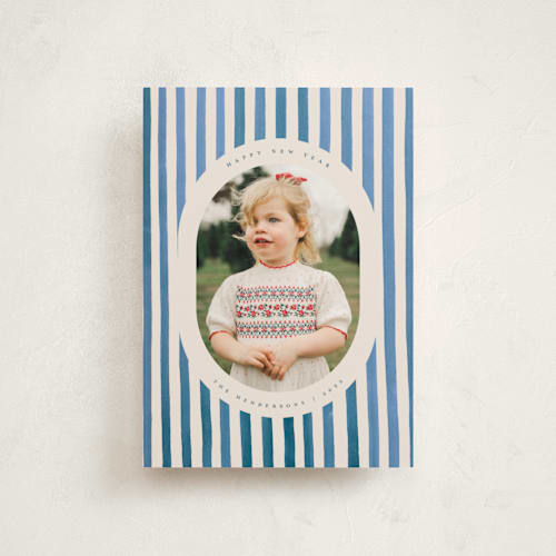 This is a blue jay petite holiday cards with standard by Teju Reval called vintage stripes printing on recycled smooth signature in petite